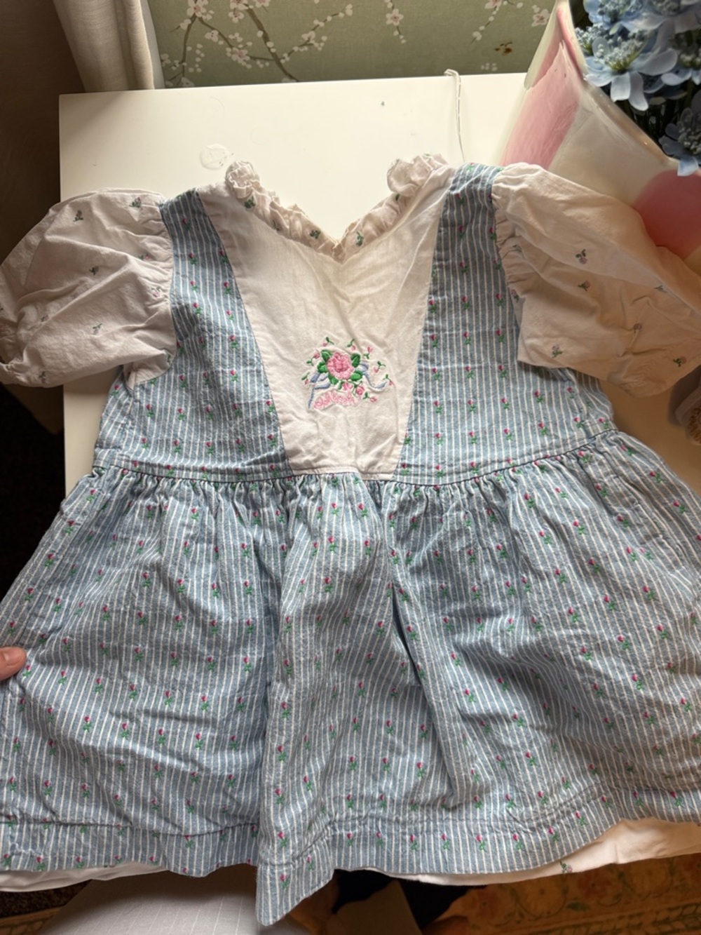 OshKosh Vintage Blue Denim Floral Print Short Sleeve Toddler Girls Dress 3T